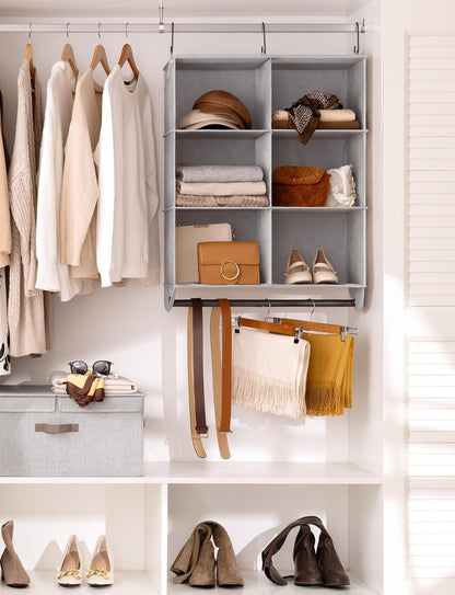 StorageWorks Hanging Closet Organizer with Metal Rod, 4-Section Closet Organizers and Storage, Collapsible Hanging Shelves for Baby Clothes, Shoes, Sweater Storage, Ivory and White