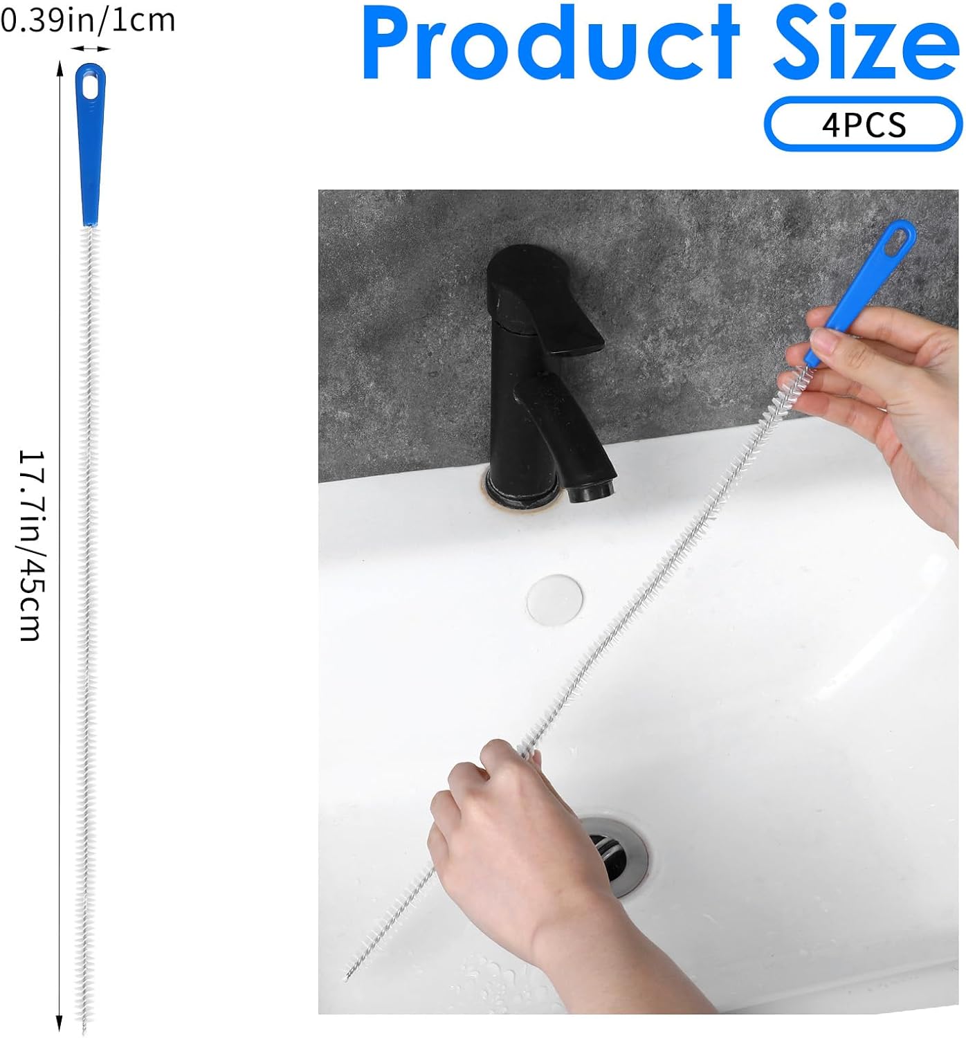4 Packs Snake Drain Hair Removal Tools, 17.7" Long Flexible Drain Cleaning Brush, Sewer Drains Brush, Drains Clog Remover, Shower Clog Remover for Curved Pipes and Slim Holes