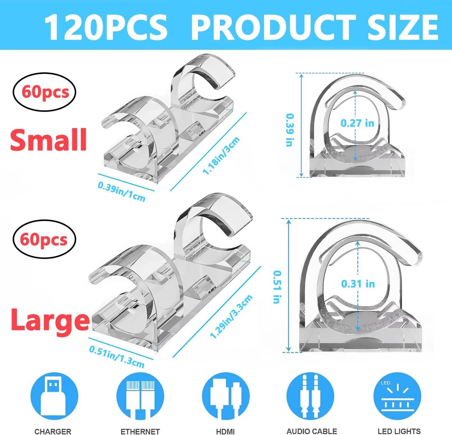 40 PCS Cable Clips (Small & Large),Adhesive Cable Clips for Wall,Finisher Wire Clamp for TV PC Laptop,Cable Management Clips Outdoor Light Clips