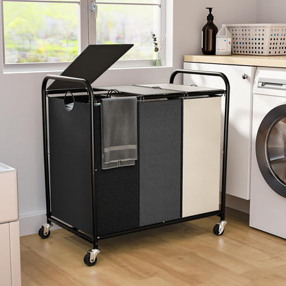 180L (47.55 Gal) Laundry Sorter 3 Section, Rolling Laundry Basket with Lockable Wheels and Lid, Laundry Hamper with 3 Separated Removable Bags Dirty Clothes Hamper for Laundry Room Organizer, Black