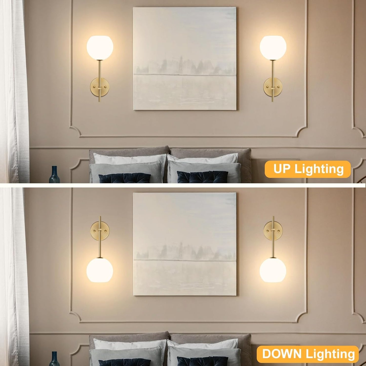 Brass Battery Operated Wall Sconces Set of 2, Rechargeable Wireless Wall Lights with Milky White Frosted Glass, 12 RGB and 3CCT Dimmable, Wall Lamps with Remote for Bedroom Living Room Hallway