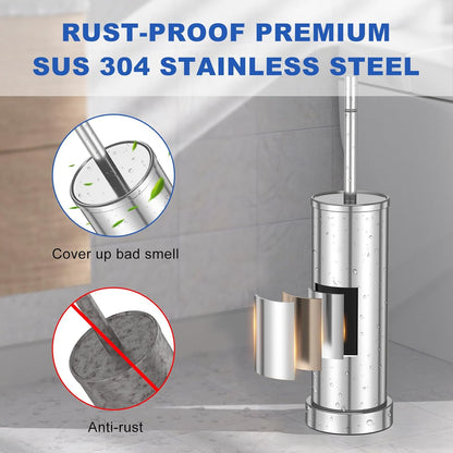 Brushed Nickel Toilet Brush and Holder Set, 304 Stainless Steel Toilet Brush for Bathroom, Heavy Duty Toilet Bowl Brush with Holder, Removable Inner Bowl and Splash Protection, Long Handle