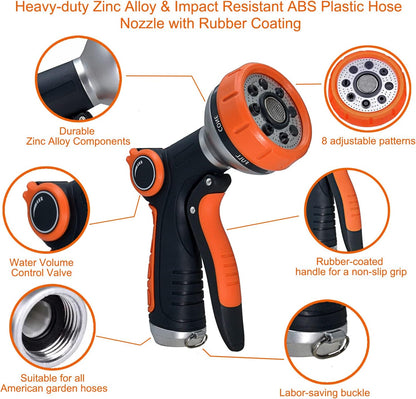 Garden Hose Nozzle Heavy Duty, High Pressure Adjustable 8 Patterns | Metal Water Hose Nozzle Volume Control Valve Attachment Hose Sprayer Nozzle for Outdoor Garden Watering Car Washing