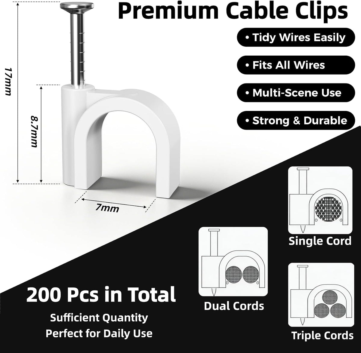 200 Pcs Cable Clips Nail in, Cord Clips Ethernet Cables Wire Wall Clips Cable Straps Cables Tacks Cable Nails Coax Cable Clips Cable Management for Speaker 7mm Cat6 - White
