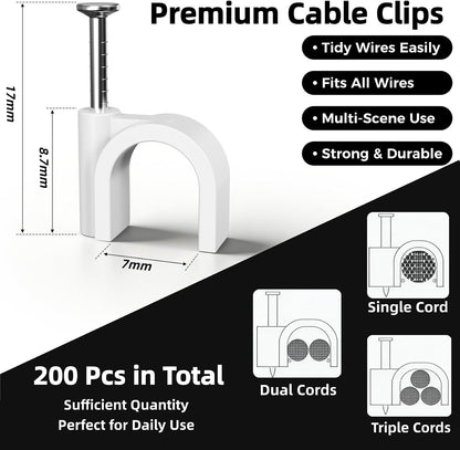 200 Pcs Cable Clips Nail in, Cord Clips Ethernet Cables Wire Wall Clips Cable Straps Cables Tacks Cable Nails Coax Cable Clips Cable Management for Speaker 7mm Cat6 - White