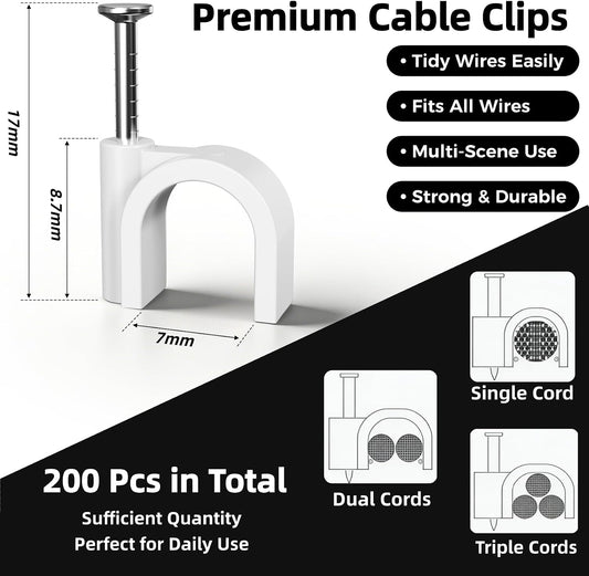 200 Pcs Cable Clips Nail in, Cord Clips Ethernet Cables Wire Wall Clips Cable Straps Cables Tacks Cable Nails Coax Cable Clips Cable Management for Speaker 7mm Cat6 - White