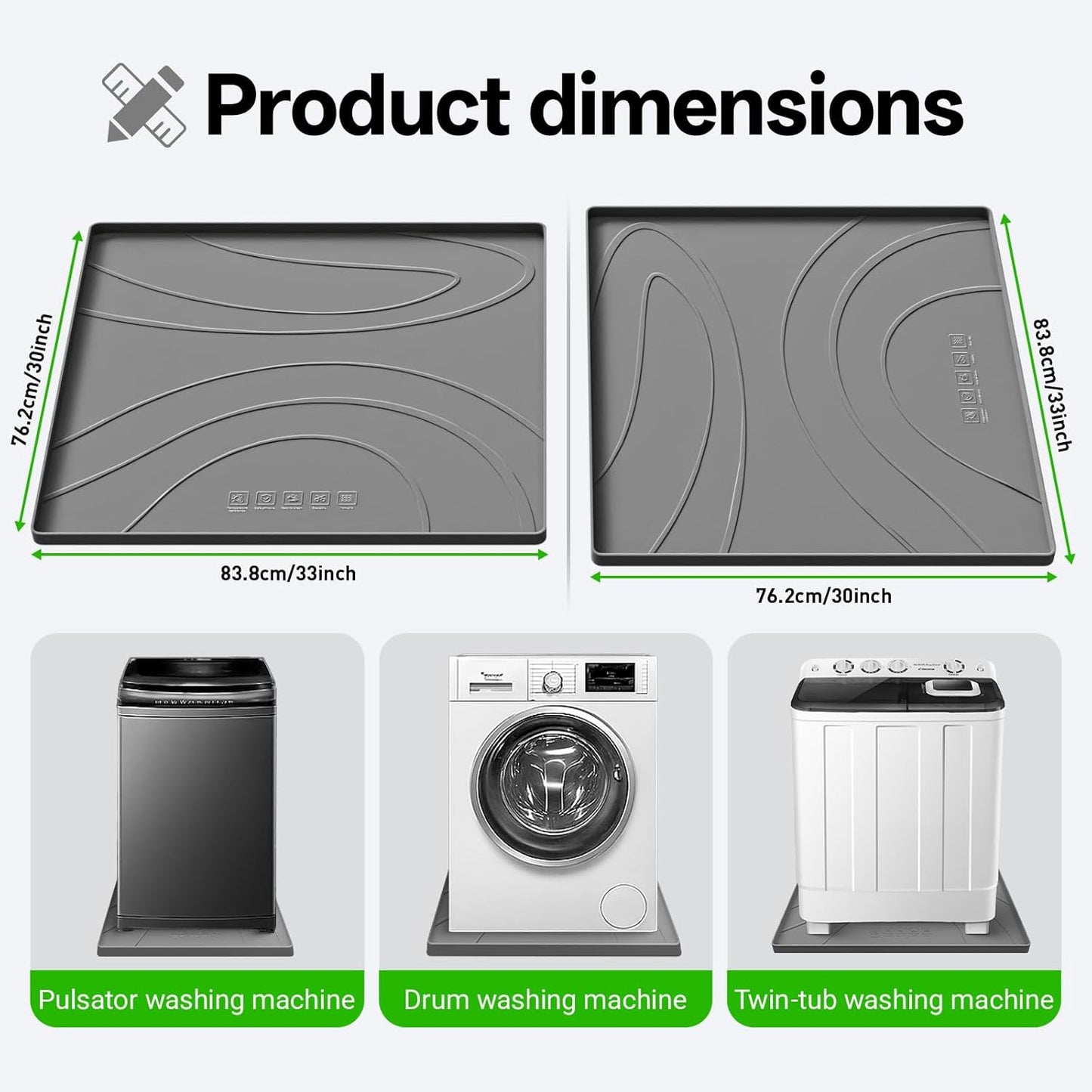 Washing Machine Drain Pan Silicone mat – 30x33 Inch Non-Slip Waterproof Washer Drip Tray, Anti-Vibration Soft Mat for Under Dryer or Washer, Floor Leak Protector for Laundry Room