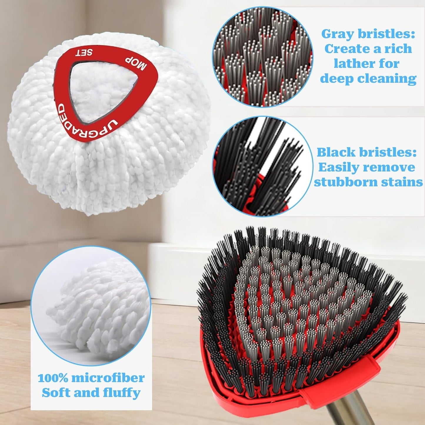 Spin Mop Replace Head for EasyWring 1 Tank,Upgraded Scrub Brush Replacement Head Compatible with Ocedar, 4 Microfiber Refills, 1 Handle, 1 Base and 1 Cleaning Brush Combo Set