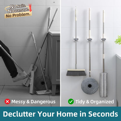 TAILI Mop and Broom Holder Wall Mount Grippers, 2 Hangers and 6 Adhesive Strips, Damage Free Hanging Wall Mount, Household Cleaning Organizer for Organization and Storage, Holds up to 4 lbs, White