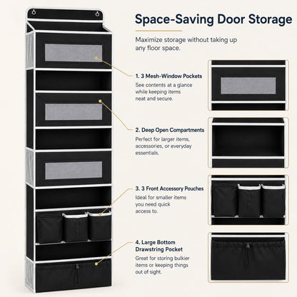 1 Pack Over The Door Organizer Storage, Hanging Organizer Closet with 5 Large Pockets 6 Mesh Pockets, 50 lbs Weight Capacity, Behind Door Storage for Closet Nursery Bedroom Bathroom (Black)