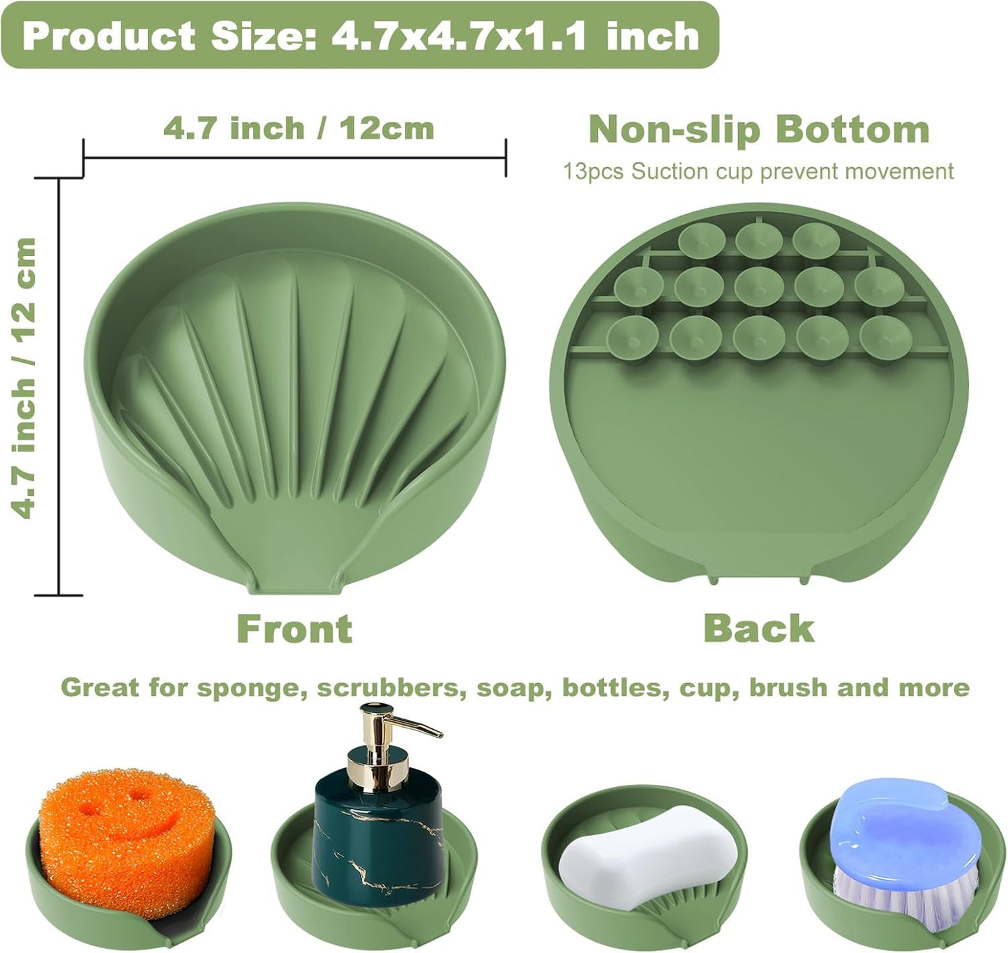Sponge Holder for Scrub Daddy with Suction Cups and Drain Spout Kitchen Sink Caddy Organizer, Soap Dishes Holder Accessories Rack, Dishwasher Safe - 4.7"x4.7", Green