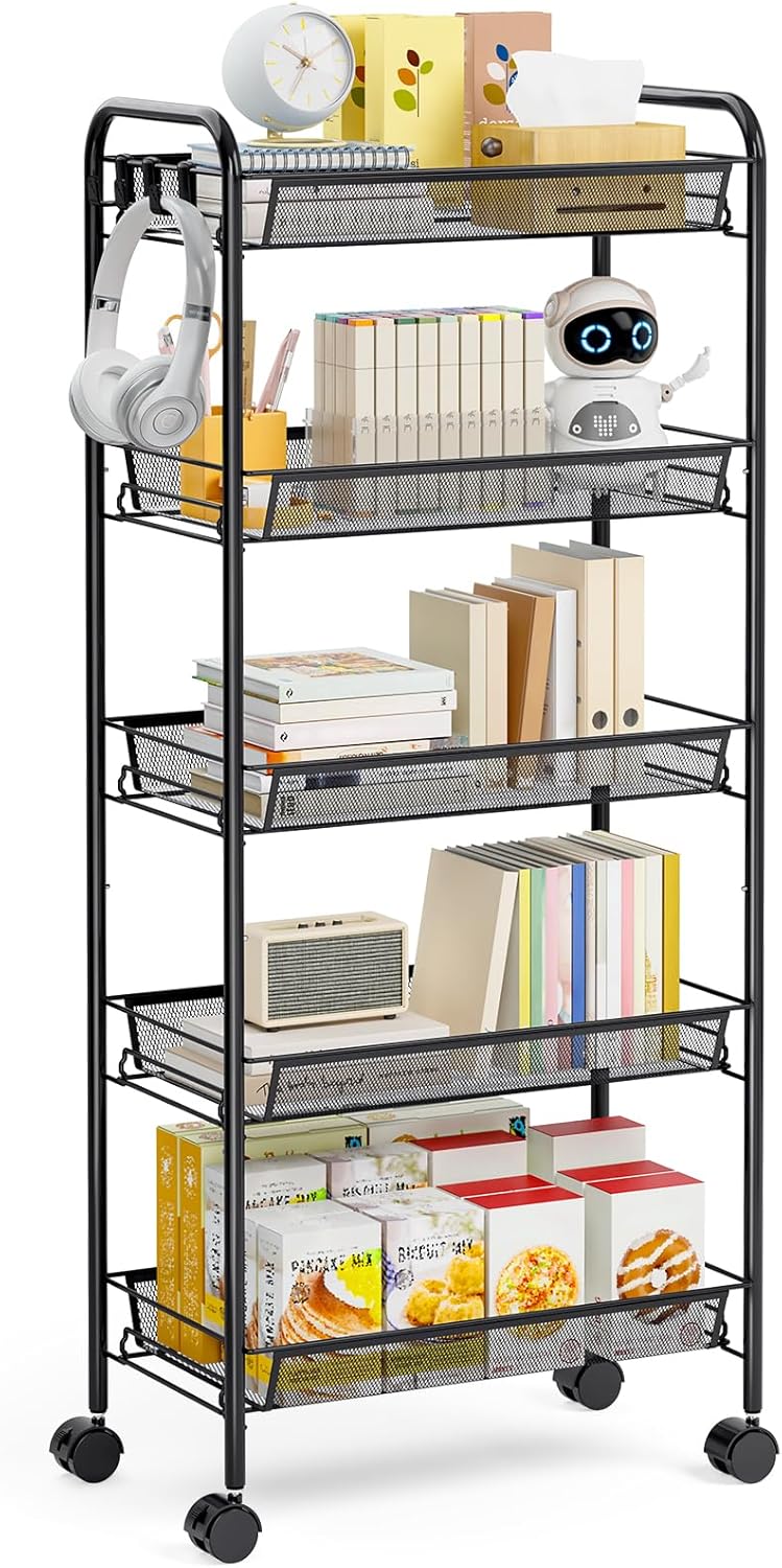TOOLF 3-Tier Metal Rolling Cart, Mesh Wire Easy Assemble Utility Cart, Storage Trolley on Wheels with 3 Hooks, MetalStorage Shelving Units for Kitchen Bathroom Laundry Room