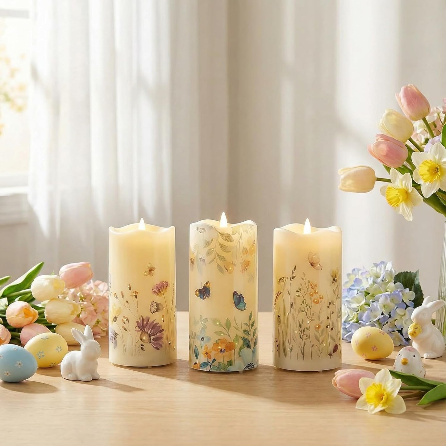 Eywamage Fiber Optic Flameless Pillar Candles with Remote, Floral Butterfly Spring LED Candles Flickering Home Decor Gift Set of 3