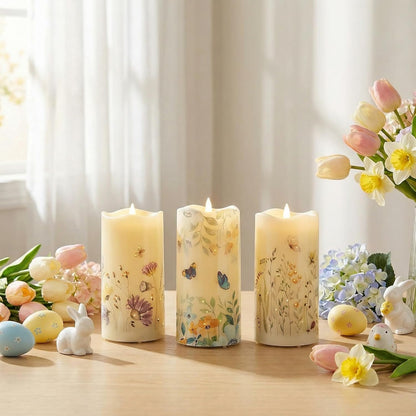 Eywamage Fiber Optic Flameless Pillar Candles with Remote, Floral Butterfly Spring LED Candles Flickering Home Decor Gift Set of 3