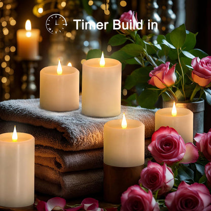 Flickering Flameless Candles with 3D Moving Flame, Real Wax Battery Operated Candles with Timer and Remote, Last 600+ Hours, 3" x 3" LED Fake Candles for Home Wedding Christmas Decor, 2 Pack