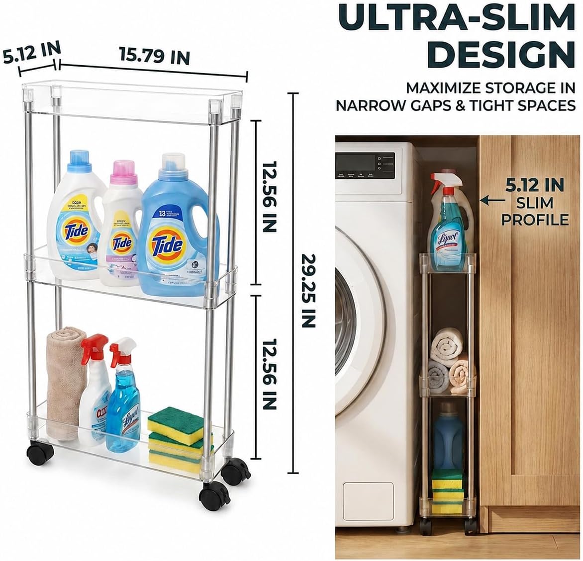 American Dream Home Chrome/Clear Acrylic Slim 3-Tier Rolling Cart Portable Narrow Storage Trolley with Wheels, Transparent Shelves for Bathroom, Kitchen, Office & Small Spaces