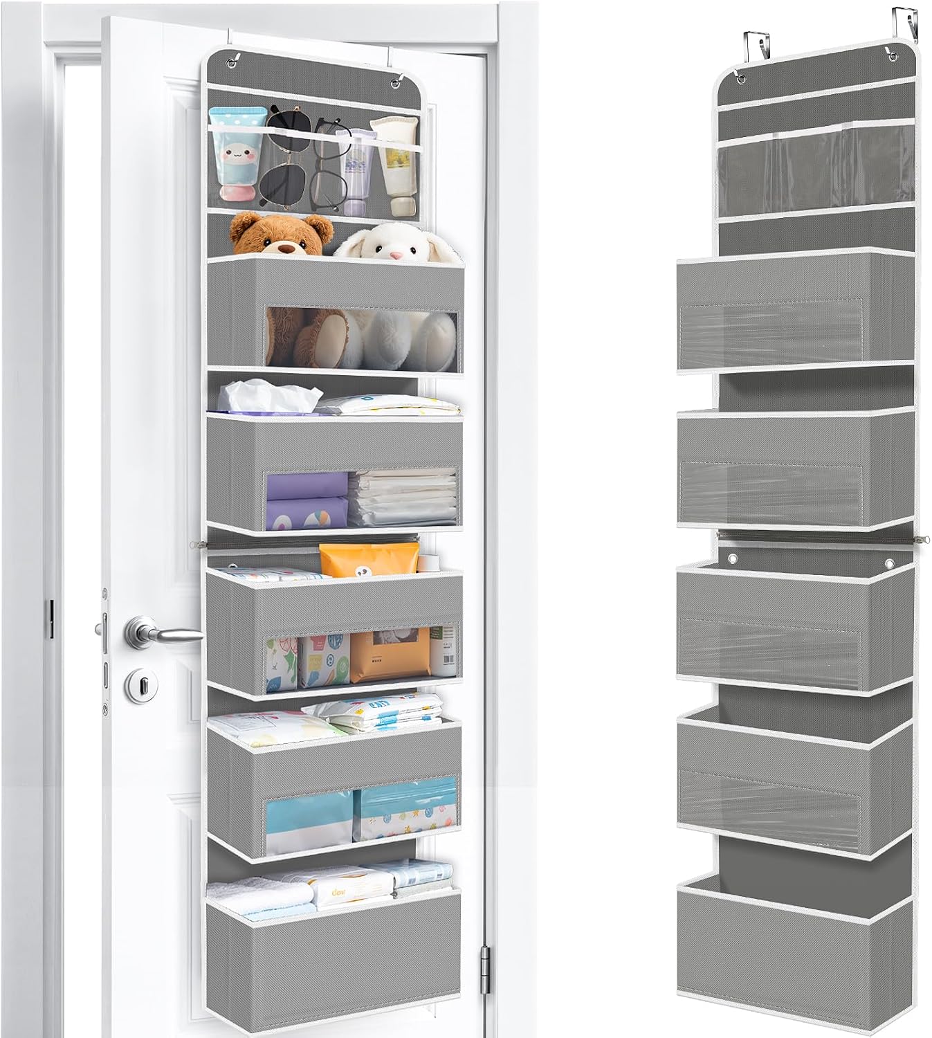 WISELIFE Over The Door Organizer Storage with 4 Large Pockets Door Hanging Organizer with Clear Windows behind The Door Storage for Nursery Bedroom Bathroom Pantry Closet and Baby Essentials Dark Grey