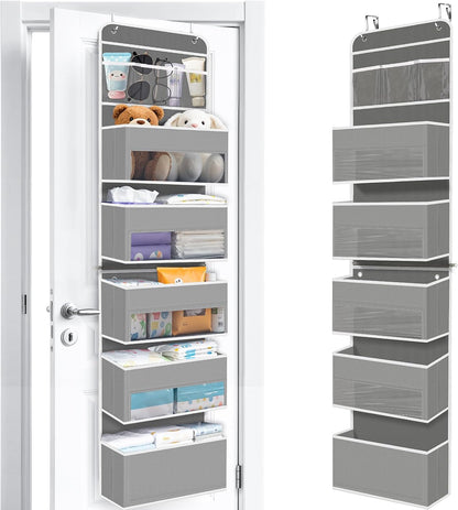 WISELIFE Over The Door Organizer Storage with 4 Large Pockets Door Hanging Organizer with Clear Windows behind The Door Storage for Nursery Bedroom Bathroom Pantry Closet and Baby Essentials Dark Grey