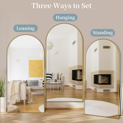 Full Length Mirror with Stand, 71"x28" Arched Full Body Large Stand Up Aluminum Frame Floor Standing Mirror, Freestanding Hanging Leaning Mounted for Bedroom Living Room Entryway Gold