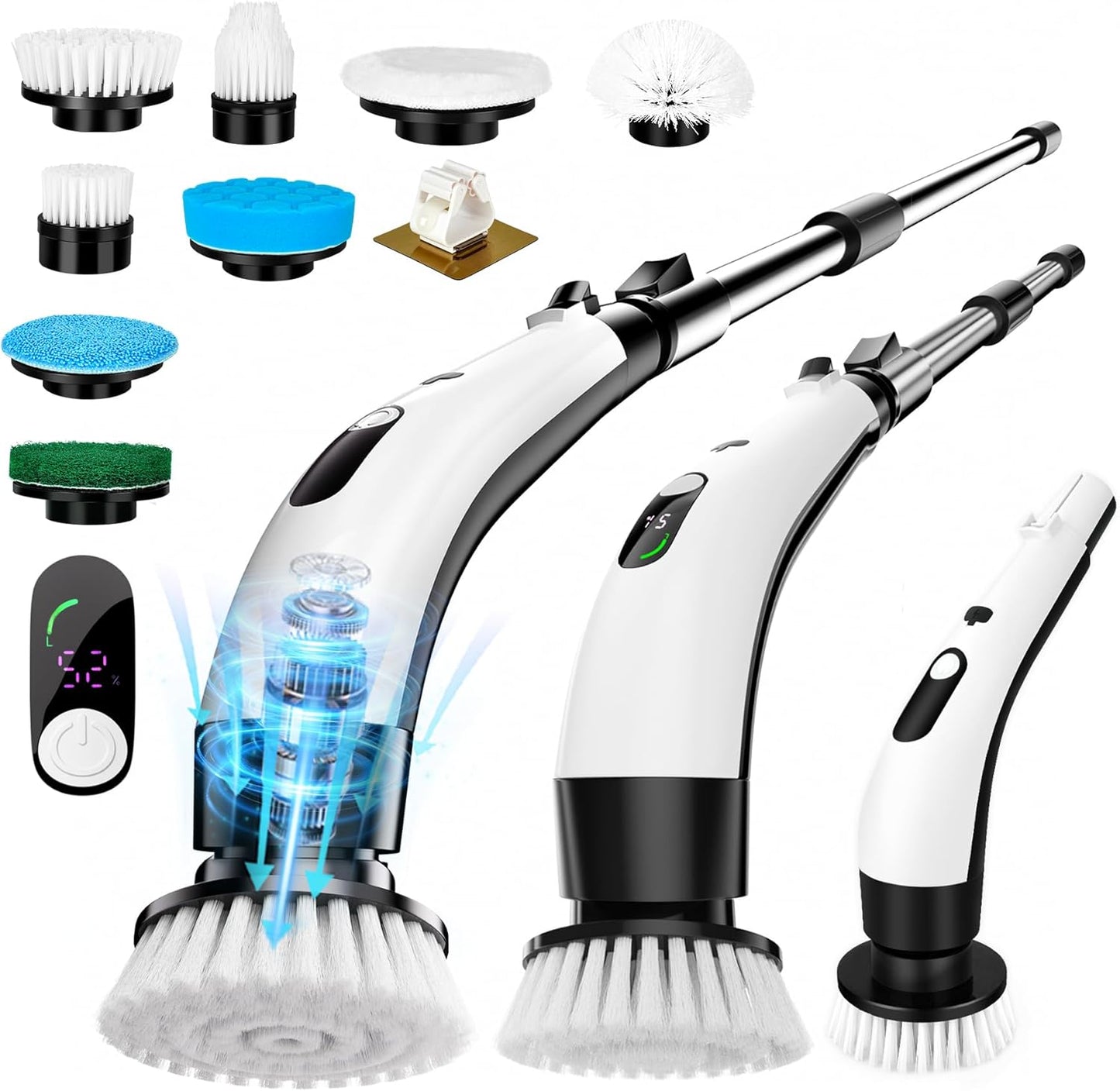 PUNOMO Electric Spin Scrubber, Cordless Bathroom Cleaning Brush with 8 Replaceable Heads & Adjustable Handle, IPX7 Waterproof Shower Scrubber with LCD Display, 2 Speeds for Bathtub, Floor, Tile