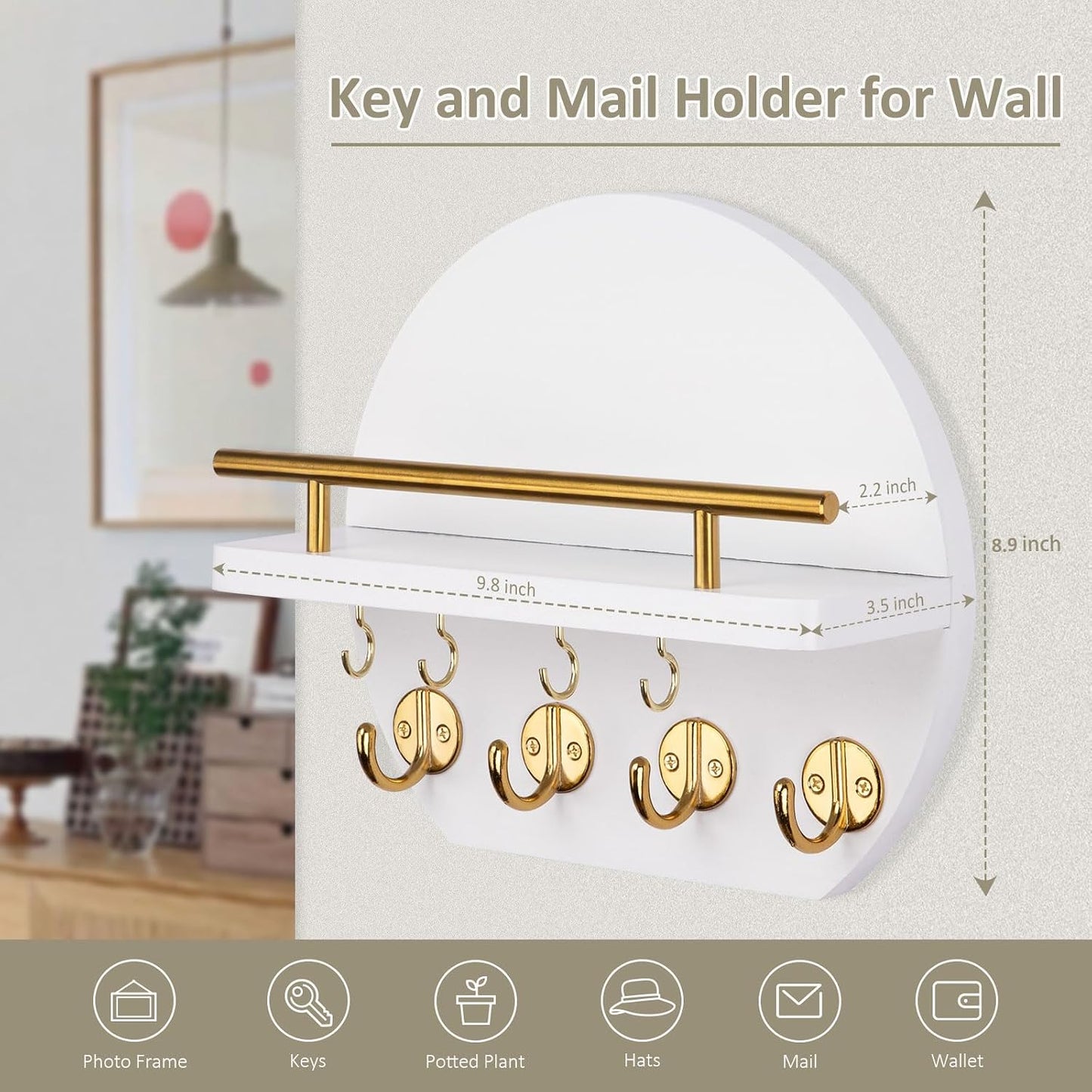 Nekon Key Holder for Wall - 9.8 Inch Apartment Wall Decor with Shelf and 8 Key Hooks, Circular Wood Key Hanger for Home Decor (Black with Golden Hooks)