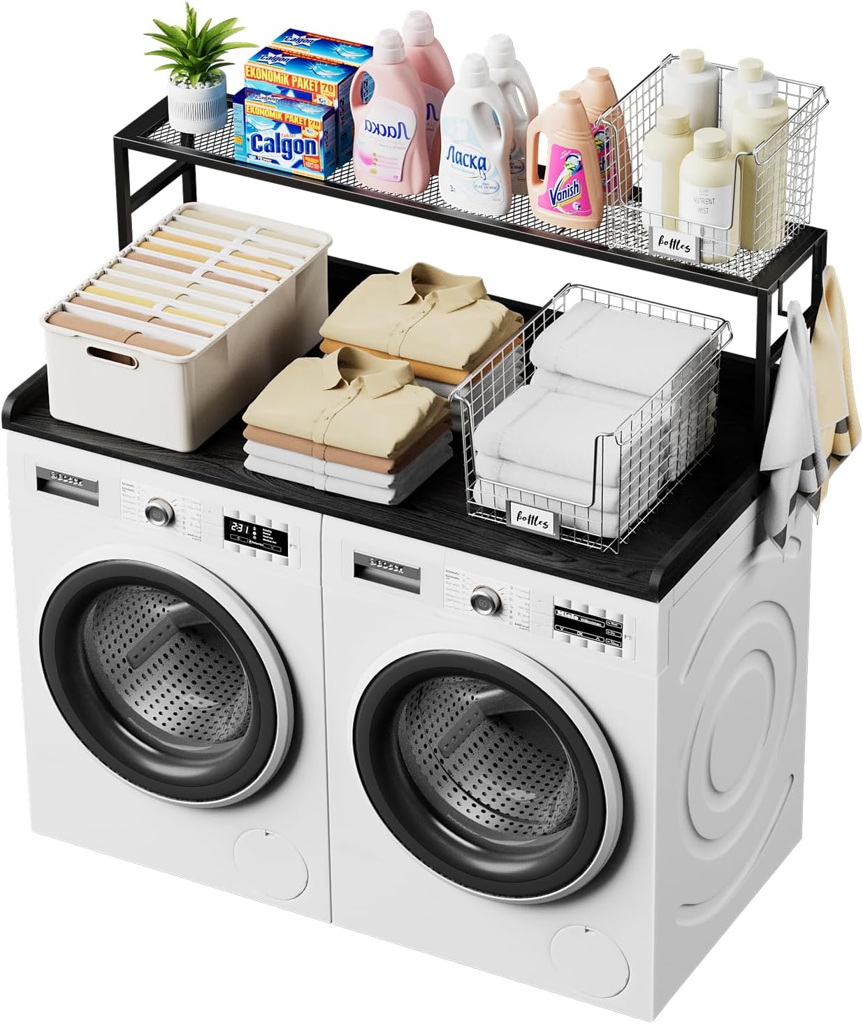 Washer Dryer Countertop with Shelf, Washer Dryer Topper, Solid Wood Washers and Dryers Countertop, 54" Width x 27.5" Depth Laundry Countertop for Laundry Room Organization and Storage, Black