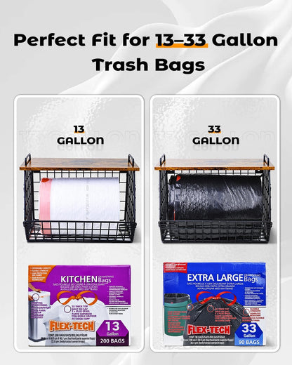 2 Pack Stackable Extra Large Trash Bag Holder Under Sink, Wall Mounted Garbage Bag Dispenser Roll Holder for 13/33 Gallon Trash Bags, Kitchen/Pantry/Laundry Room Organization Basket Storage Bin