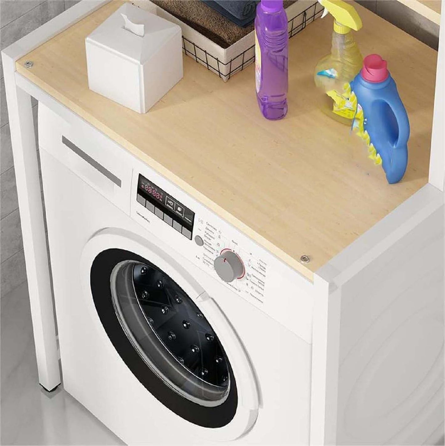 Over The Washer Storage Shelf, Space-Saving Laundry Organizer, Sturdy Metal Frame with Natural Wood Shelves, No Drilling, Ideal for Laundry Room, Balcony, Bathroom(White,Two Layers)