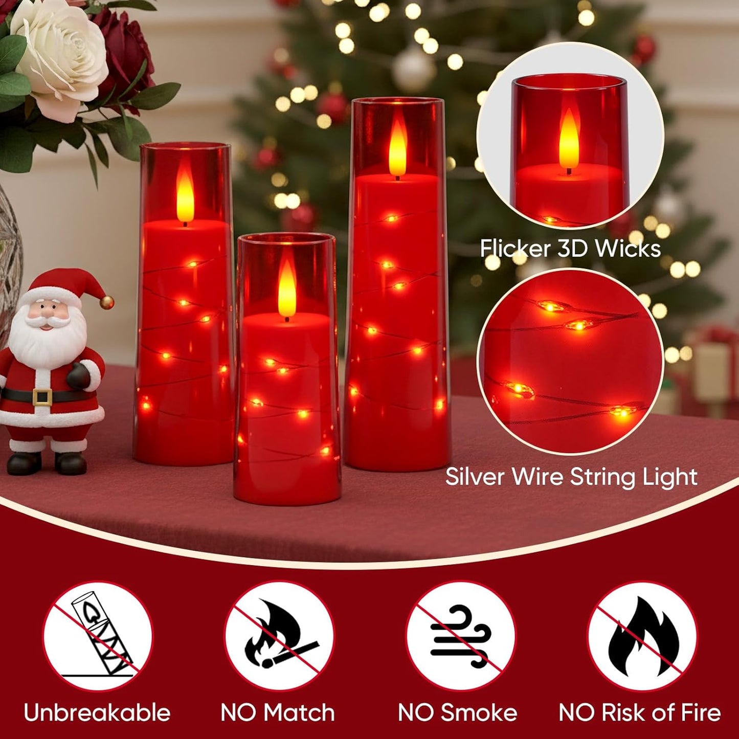 Raycare Flameless Candle with Remote Timer, 3 Flickering Acrylic Battery Operated LED Pillar Candles with Embedded Star String for Christmas, Wedding, Home Table Decor, and as a Gift (Ivory White)