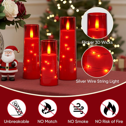Raycare Flameless Candle with Remote Timer, 3 Flickering Acrylic Battery Operated LED Pillar Candles with Embedded Star String for Christmas, Wedding, Home Table Decor, and as a Gift (Ivory White)