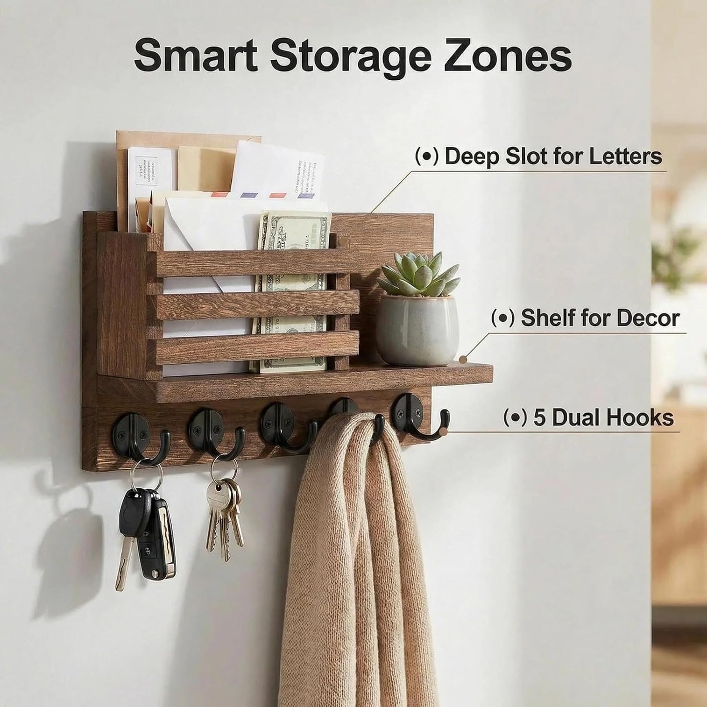 Wall Key Hook, Mail Organizer with 5 Metal Key Hooks, Decorative Key Rack Wall Mount, Tung Wood, 11.8 x 6.7 inches, Includes mounting Hardware (Brown)