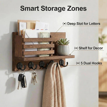 Wall Key Hook, Mail Organizer with 5 Metal Key Hooks, Decorative Key Rack Wall Mount, Tung Wood, 11.8 x 6.7 inches, Includes mounting Hardware (Brown)