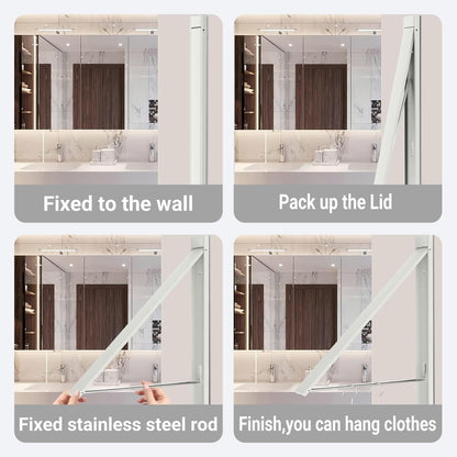 No Drill Wall Mounted Drying Rack 65 lb Aluminum, White | Wall rack folds flat to 0.39 inch. Holds 8-11 shirts. Pearl white finish for apartment, bathroom, RV, dorm.
