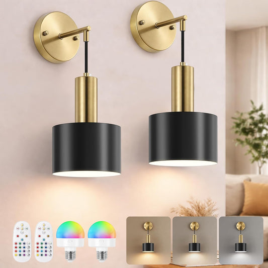 Battery Operated Wall Sconces Set of Two, Black & Gold Wireless Rechargeable Wall Lights with Remote, 15 Colors Dimmable LED Wall Lamps, Modern Cordless Sconce for Bedroom Living Room Hallway