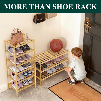 Smiry Bamboo Shoe Rack, 3 Tier Free Standing Wooden Shoe Organizer, Stackable Wood Shoe Storage Shelf for Closet, Entryway, 5 Horizontal Slats, 26.8"x11"x18.3", Natural
