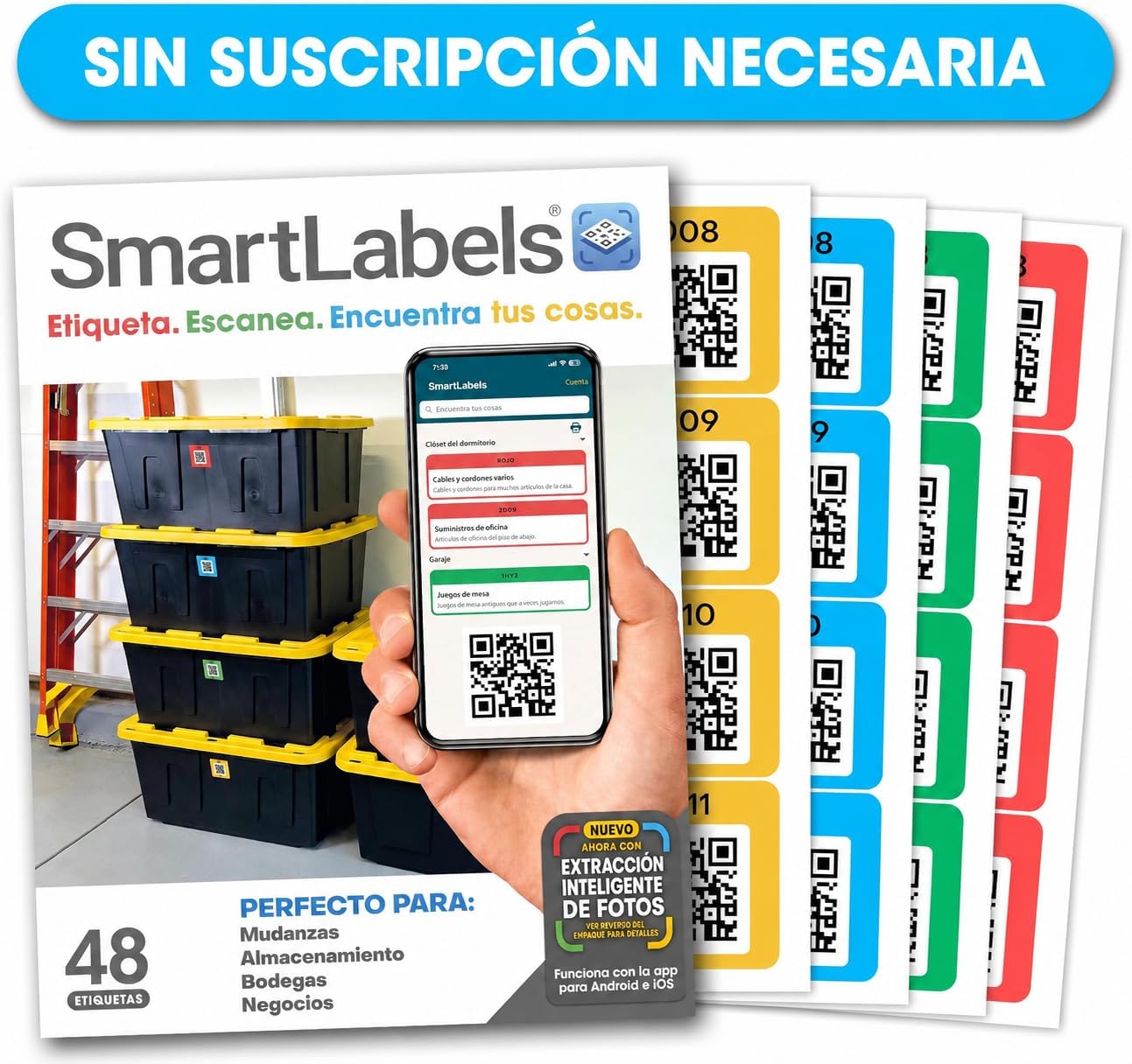 Smart Labels QR Code Stickers with AI Photo Analysis App - Auto-Creates Item Descriptions - No Typing - Made in USA - QR Code Labels for Storage & Inventory Tracking, Organization & Moving, Pack of 48