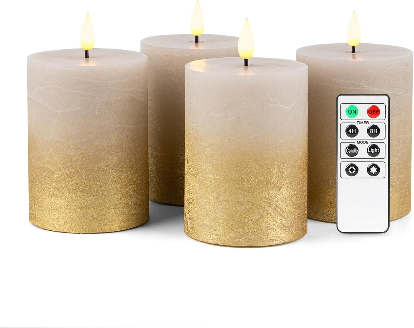 Fanna Flameless LED Pillar Candles with Timer for Wreath, Battery Operated Rustic Wax Candles with Remote for Christmas, 8 Batteries Included - Set of 4 (D 3" x H 4") - Sand Grey/Gold