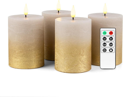 Fanna Flameless LED Pillar Candles with Timer for Wreath, Battery Operated Rustic Wax Candles with Remote for Christmas, 8 Batteries Included - Set of 4 (D 3" x H 4") - Sand Grey/Gold