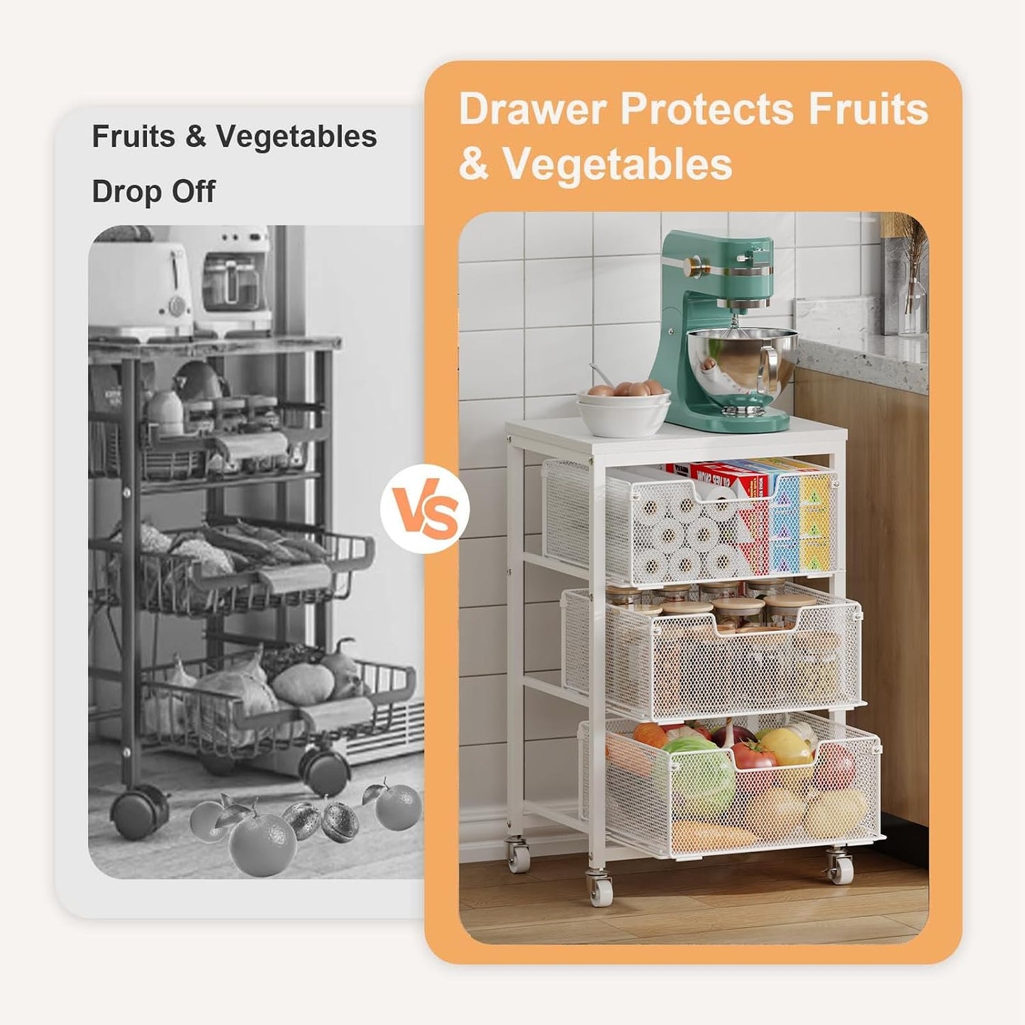 4 Tier Kitchen Rolling Cart, Kitchen Storage Cart with Wheels, Adjust Pantry Organizer and Storage Cart with Drawer, Fruit Vegetable Spice Storage Cart, Wooden Top Metal Kitchen Organizer Rack Stand