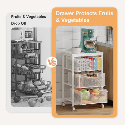 4 Tier Kitchen Rolling Cart, Kitchen Storage Cart with Wheels, Adjust Pantry Organizer and Storage Cart with Drawer, Fruit Vegetable Spice Storage Cart, Wooden Top Metal Kitchen Organizer Rack Stand