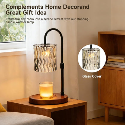 Candle Warmer Lamp with Timer, Dimmer, Vintage Glass Shade | Adjustable height, 2/4/8-hour timer, wood base, 2 bulbs included
