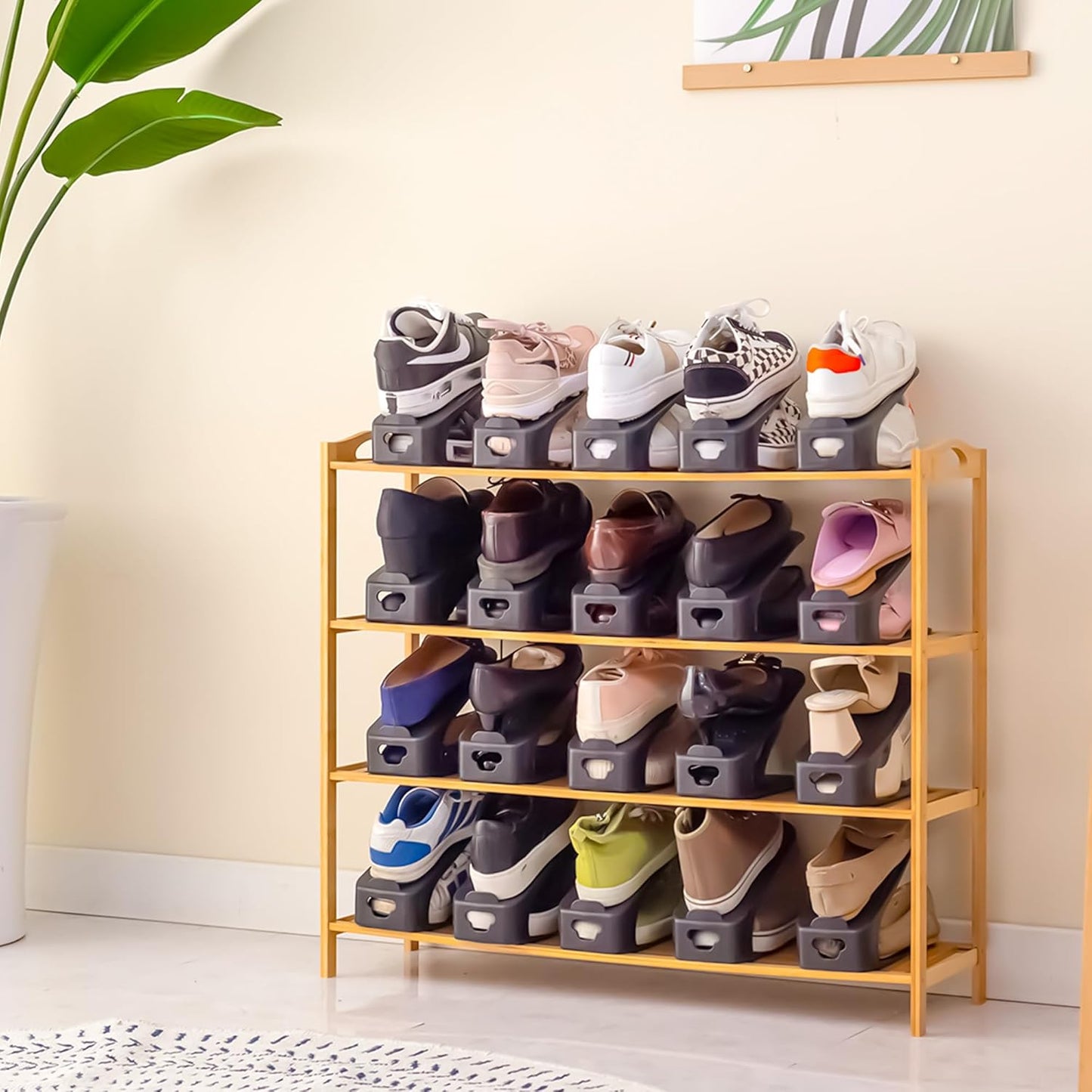 One-Piece Shoe Slot Organizer, Space-Saving Stackers for Closet, Entryway & Shoe Rack | No Assembly Needed (10, Black)