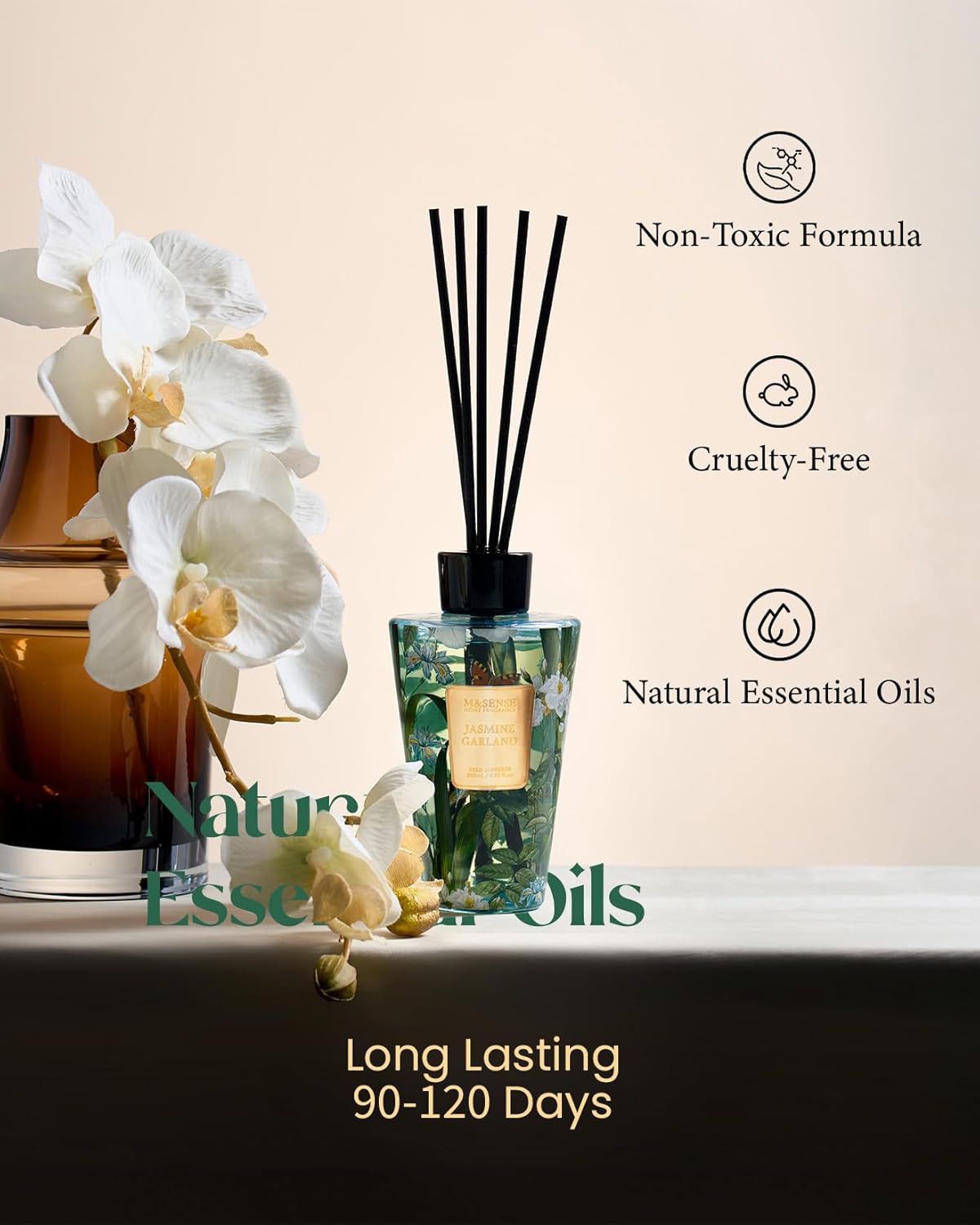 M&SENSE Reed Diffuser Set, Jasmine Sandalwood Scented 6.3 fl oz Natural Essential Oil Diffusers with Sticks, Non-Toxic Organic Air Freshener, Long-Lasting Fragrance Oils for Home Bathroom Living Room