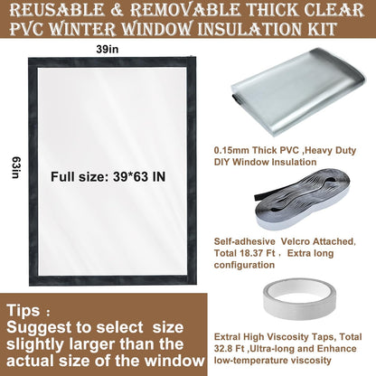 Window Insulation Kit for Winter Adjustable Plastic Insulated Window Cover Sealer Reusable Thermal Thicken Clear Insulation Wrap Transparent Film with Hook and Loop Tape for Winterizing 48'' x 63''