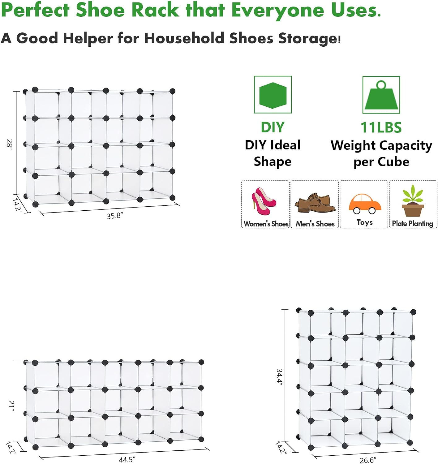C&AHOME Plastic Shoe Rack,16-Cube Modular Shoes Storage Stand, Multifunction Closet Cabinet, Stackable Shoe Organizer Units for Bedroom Living Room Doorway, 36" L × 14.2" W × 28" H Black SRP15B