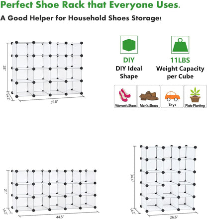 C&AHOME Plastic Shoe Rack,16-Cube Modular Shoes Storage Stand, Multifunction Closet Cabinet, Stackable Shoe Organizer Units for Bedroom Living Room Doorway, 36" L × 14.2" W × 28" H Black SRP15B