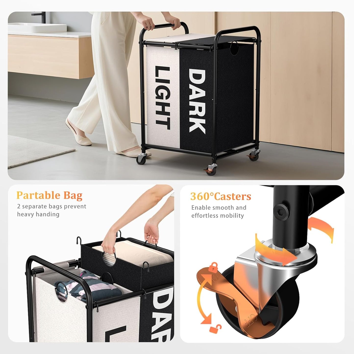 180L (47.55 Gal) Laundry Sorter 3 Section, Rolling Laundry Basket with Lockable Wheels and Lid, Laundry Hamper with 3 Separated Removable Bags Dirty Clothes Hamper for Laundry Room Organizer, Black