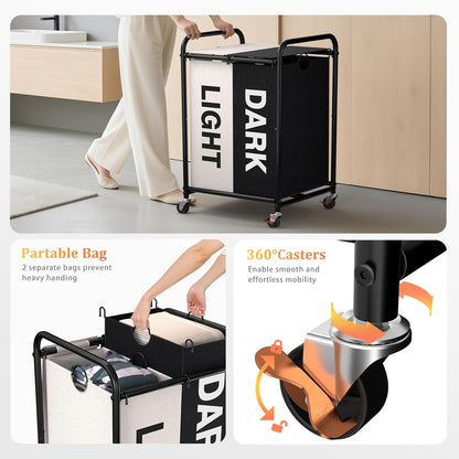 180L (47.55 Gal) Laundry Sorter 3 Section, Rolling Laundry Basket with Lockable Wheels and Lid, Laundry Hamper with 3 Separated Removable Bags Dirty Clothes Hamper for Laundry Room Organizer, Black