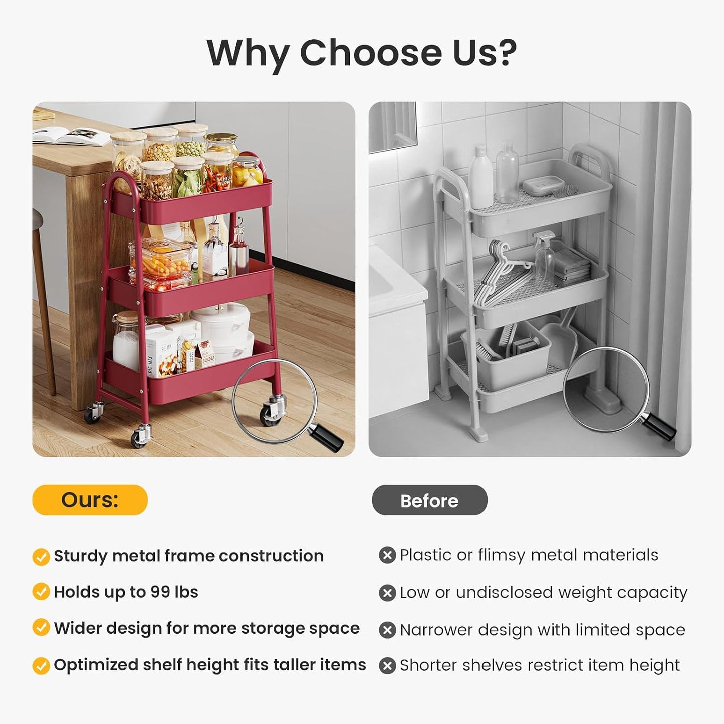 DUMOS 3 Tiers Rolling Cart, Utility Cart, Metal, White | Mobile Storage, Lockable Wheels, Utility Shelving Unit, Kitchen, Bathroom, Laundry, Narrow Places