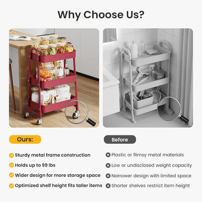DUMOS 3 Tiers Rolling Cart, Utility Cart, Metal, White | Mobile Storage, Lockable Wheels, Utility Shelving Unit, Kitchen, Bathroom, Laundry, Narrow Places